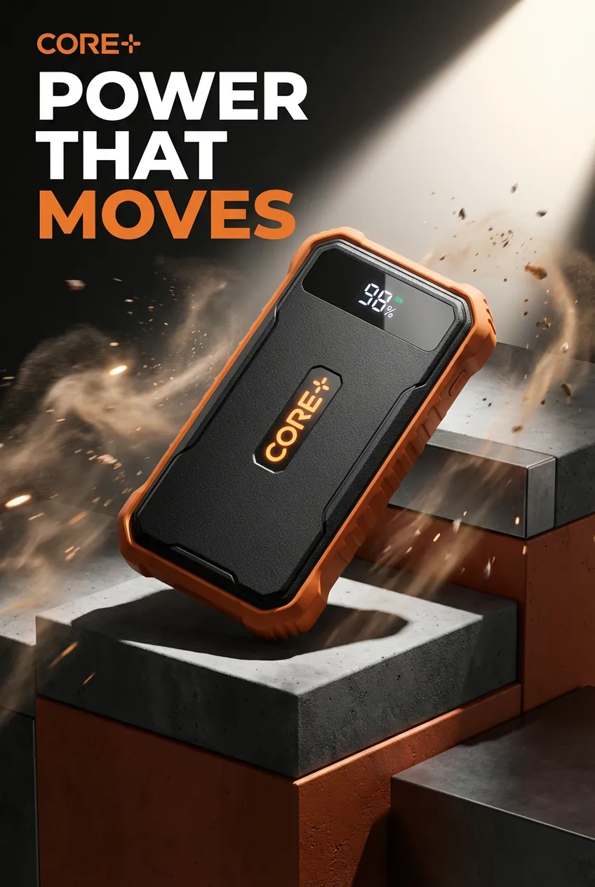 Power bank promotional visual — Core+ Power That Moves