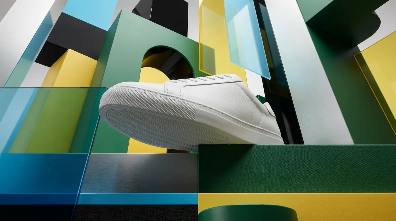 White sneaker floating above a colourful geometric set