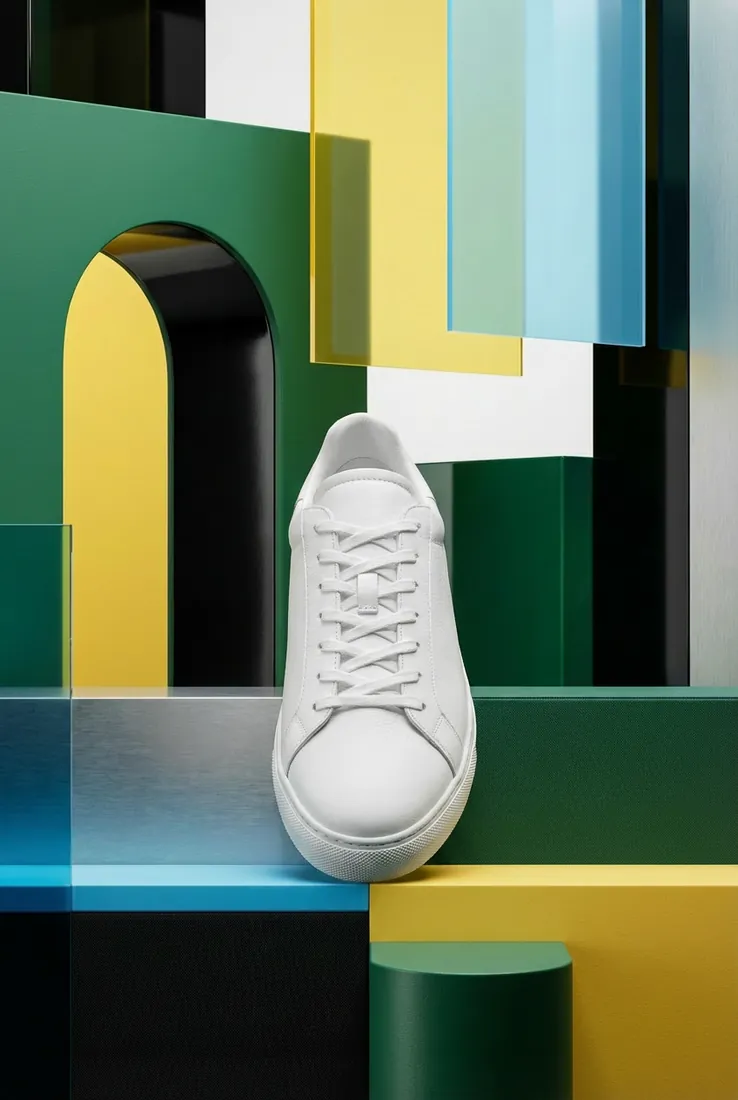 White sneaker, front view, on a geometric studio set