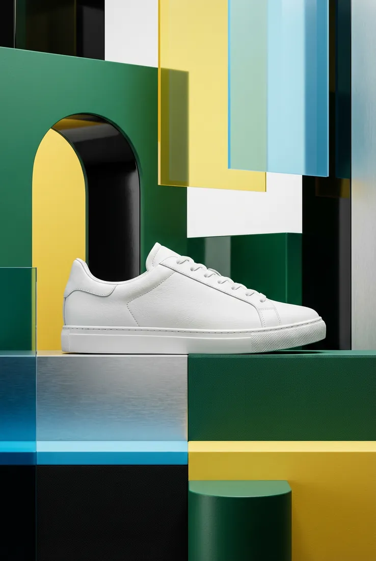 White sneaker, side view, on a studio set